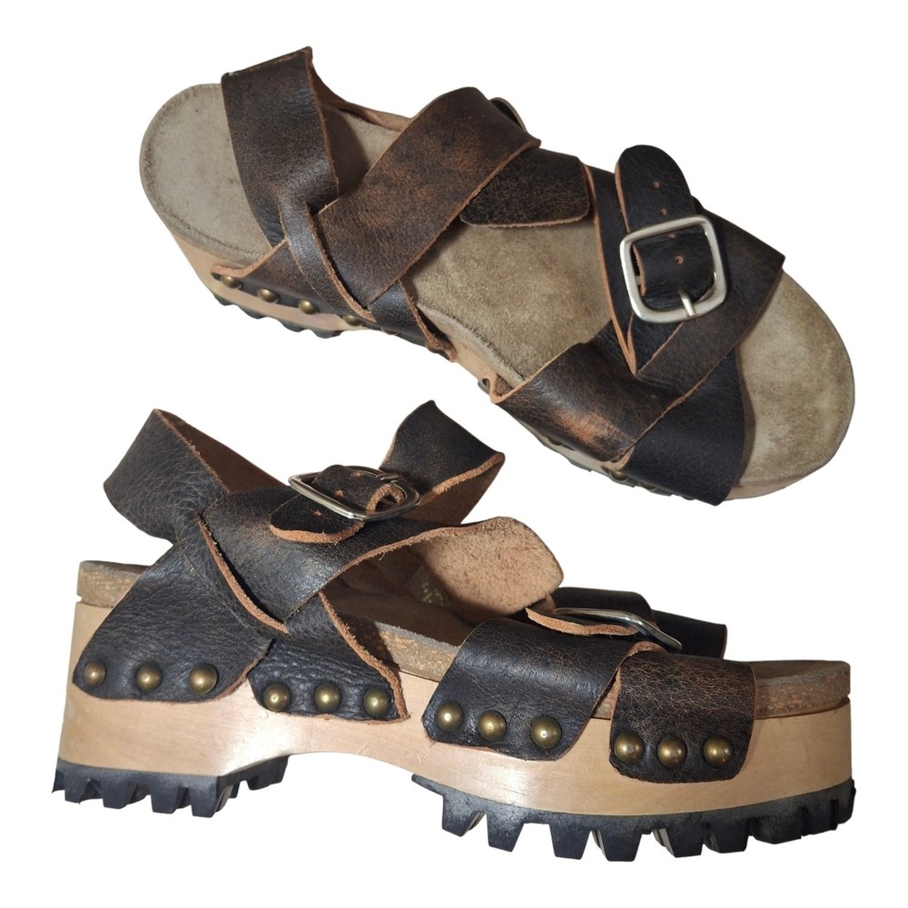 Bendito Pie Boho Hippie Wooden Clog Brown Leather Platform Sandals Size 6